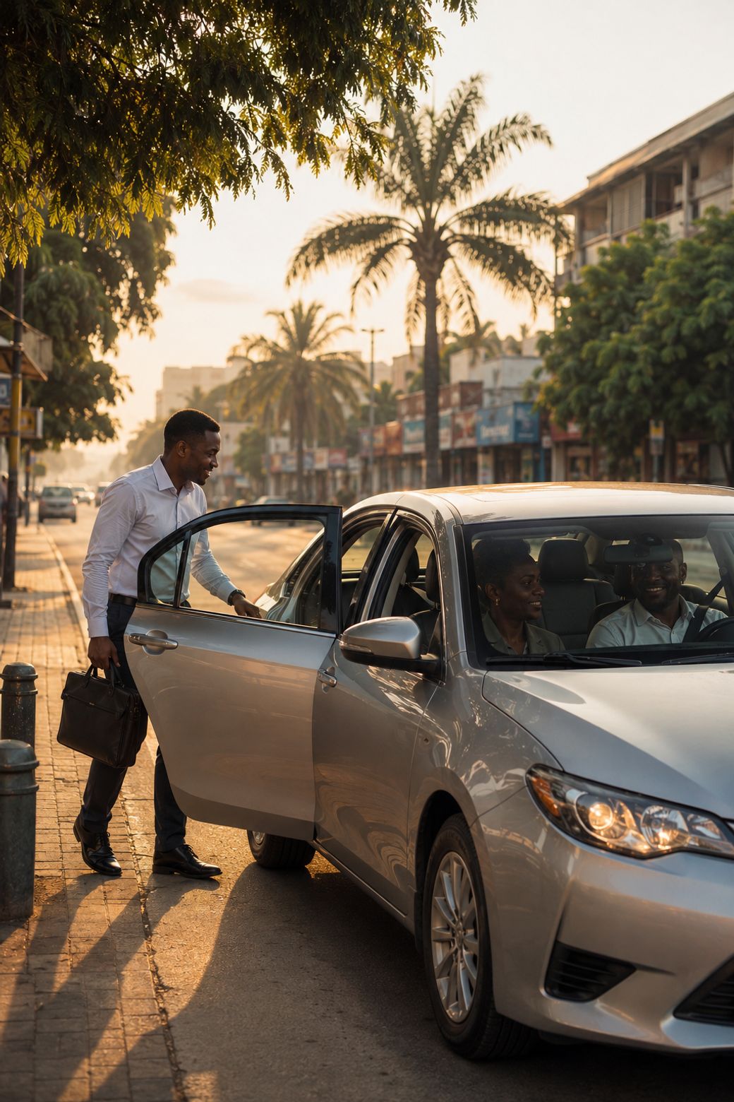 Commuter joining a private car with a driver and another rider already inside, at a roadside stop in the morning