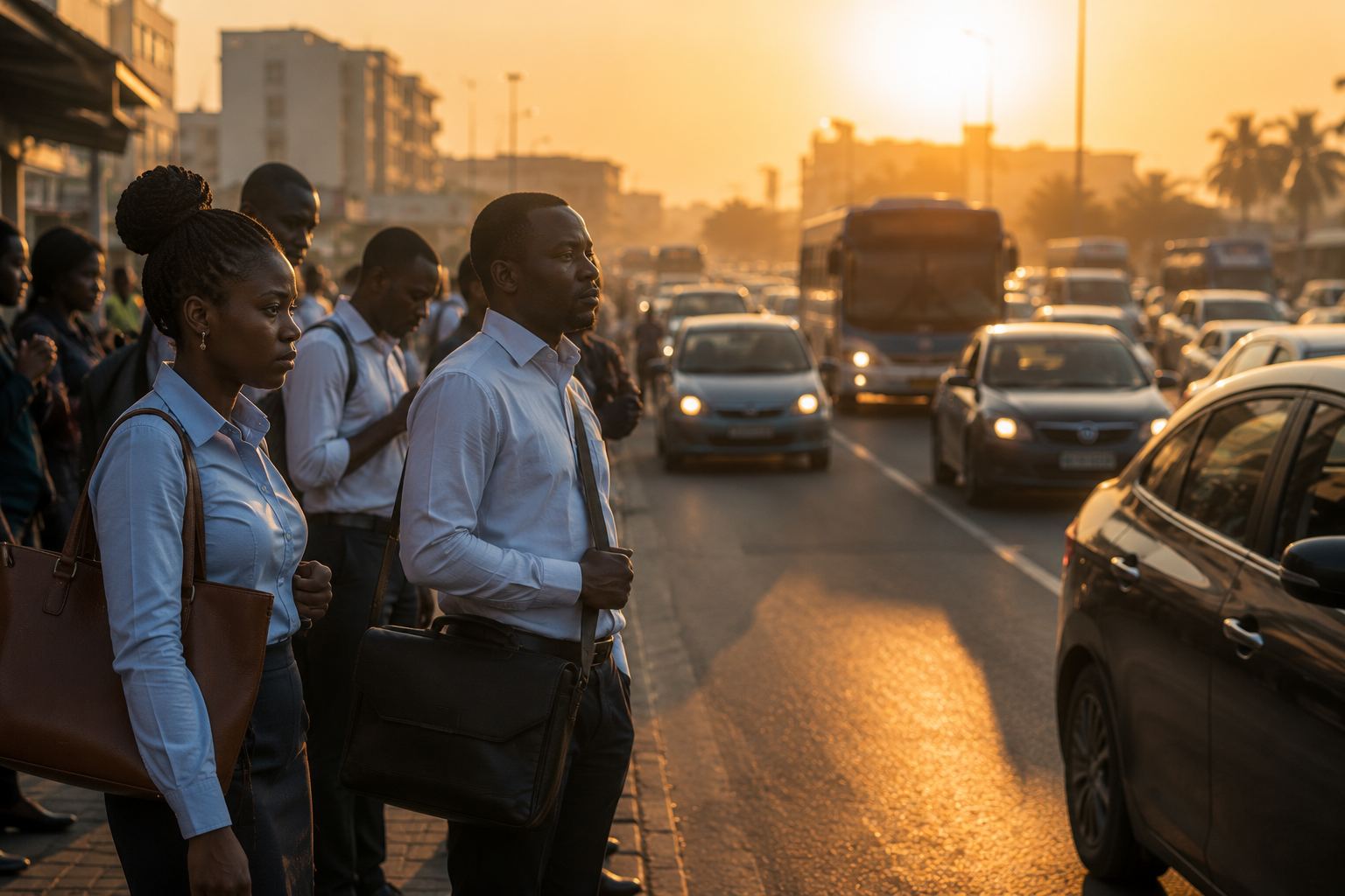 Professionally dressed commuters waiting at an early-morning roadside stop in Accra as dense traffic passes