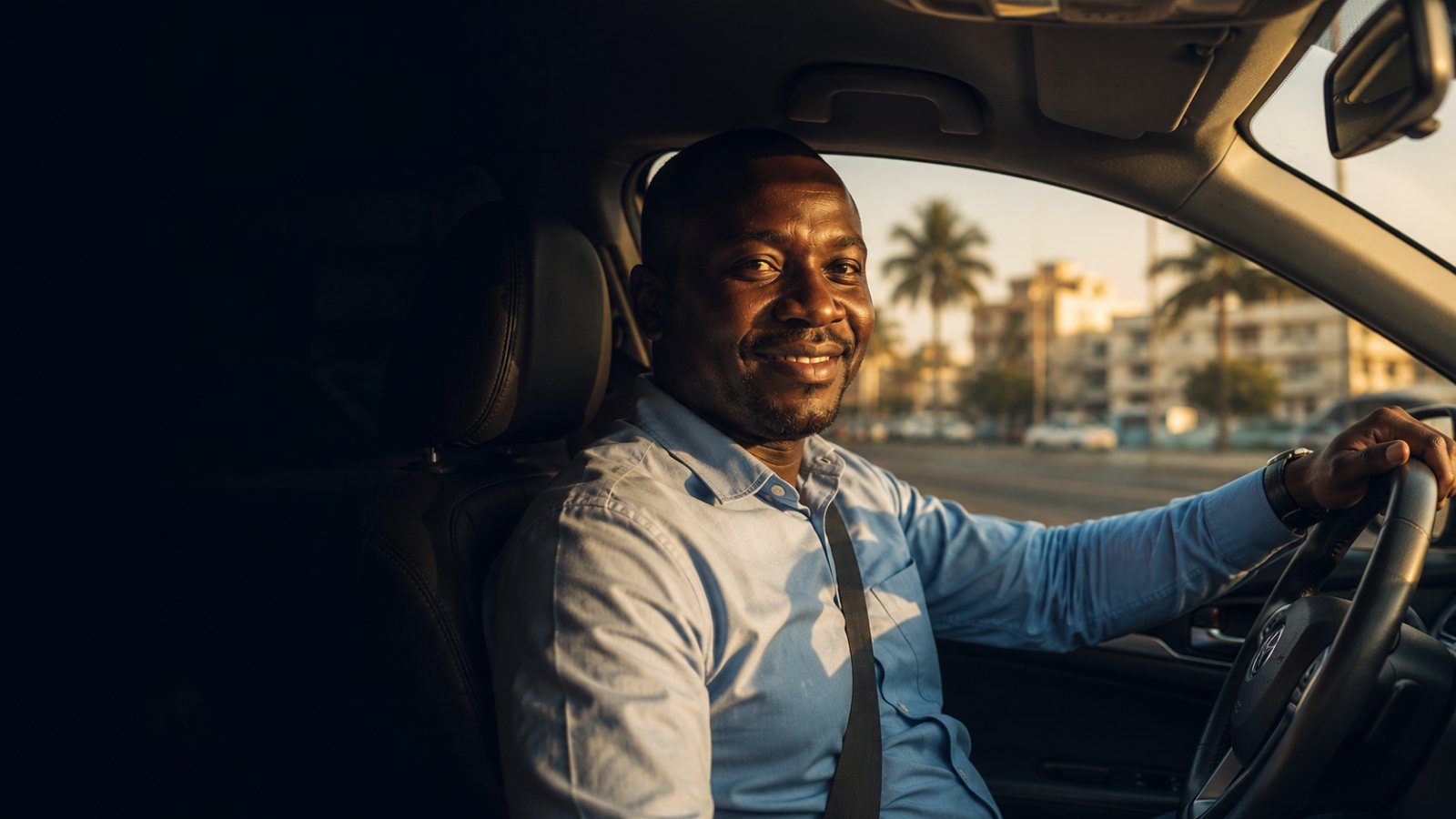 Confident QuickLyft driver smiling behind the wheel in Accra