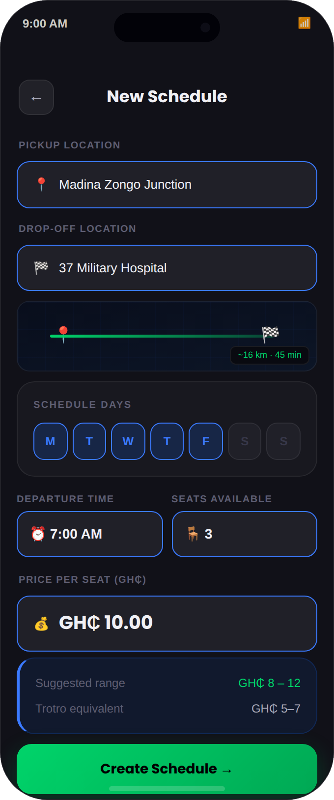 Driver app: create schedule and route