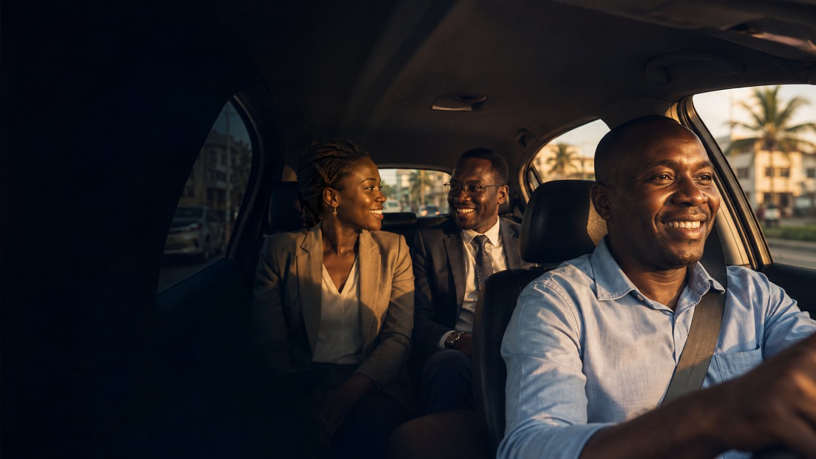 QuickLyft driver and two riders sharing a morning commute in Accra