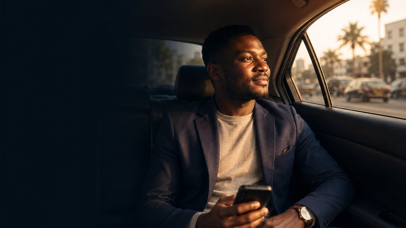 A rider using the QuickLyft app in the back of a car during a morning commute in Accra