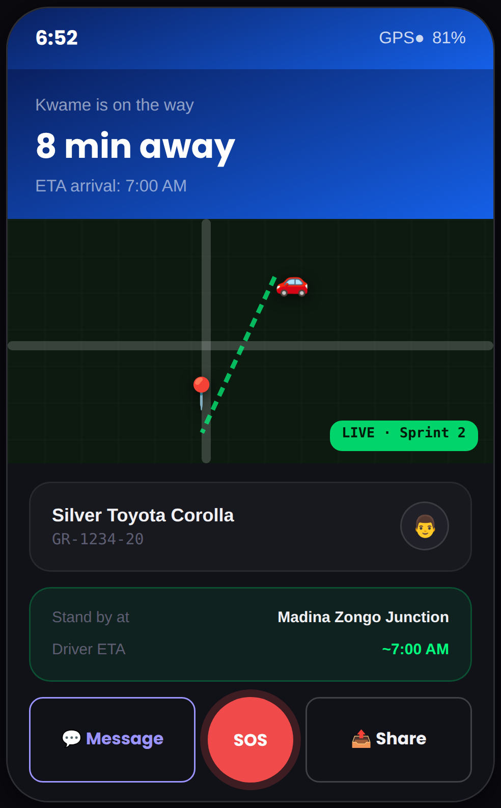 Rider app: driver approaching and live trip progress