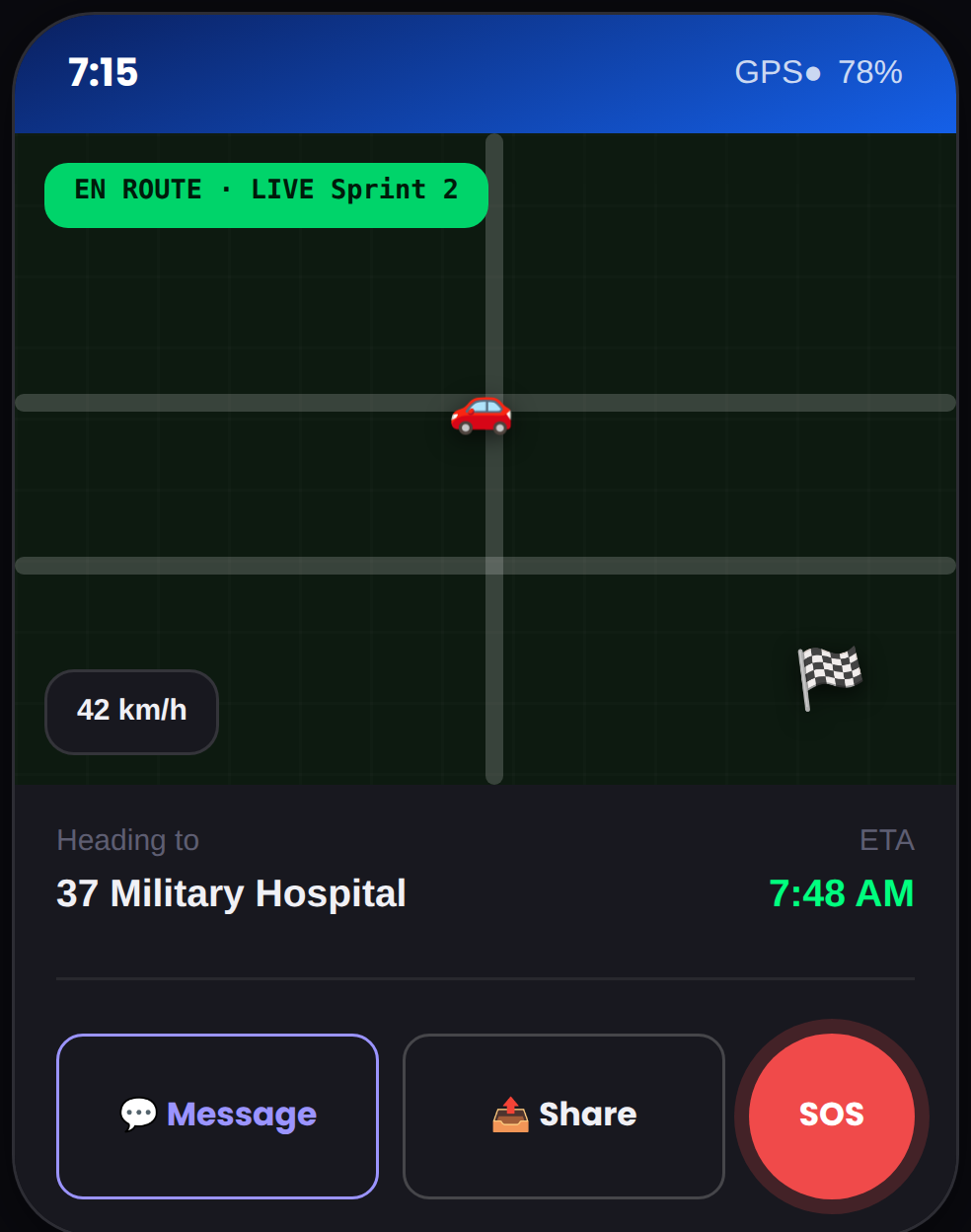 QuickLyft rider app: live ride view with map, route, and trip controls