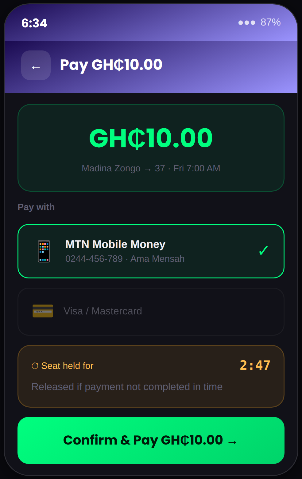 Rider app: MoMo payment and escrow confirmation