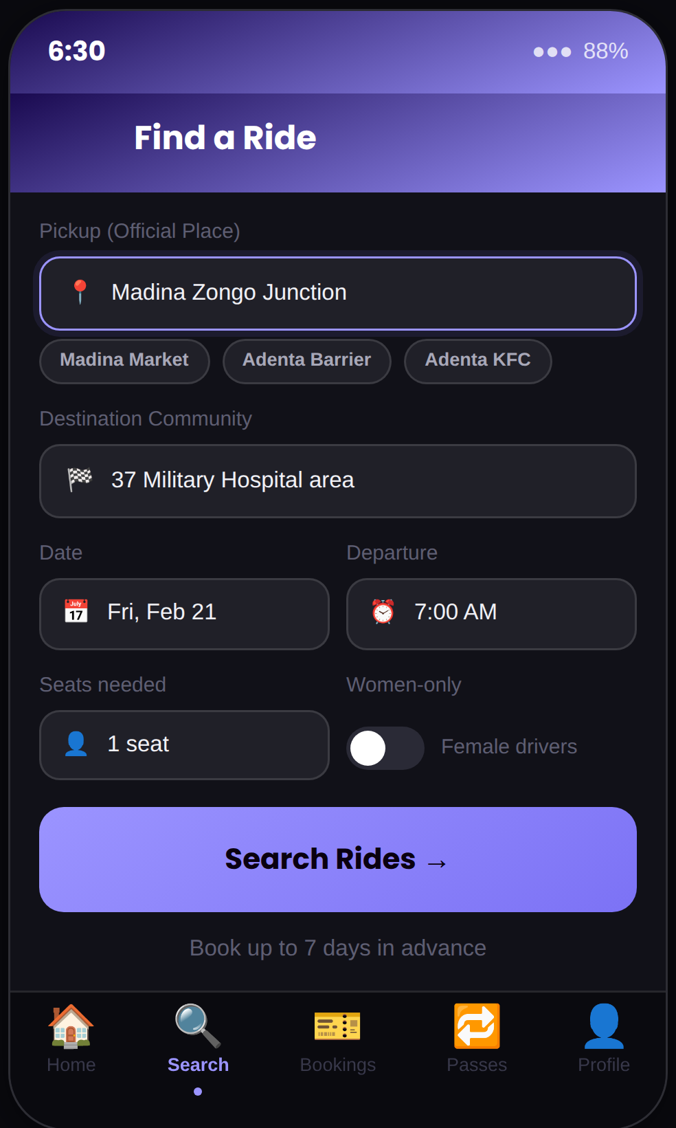 Rider app: search for a route and available seats