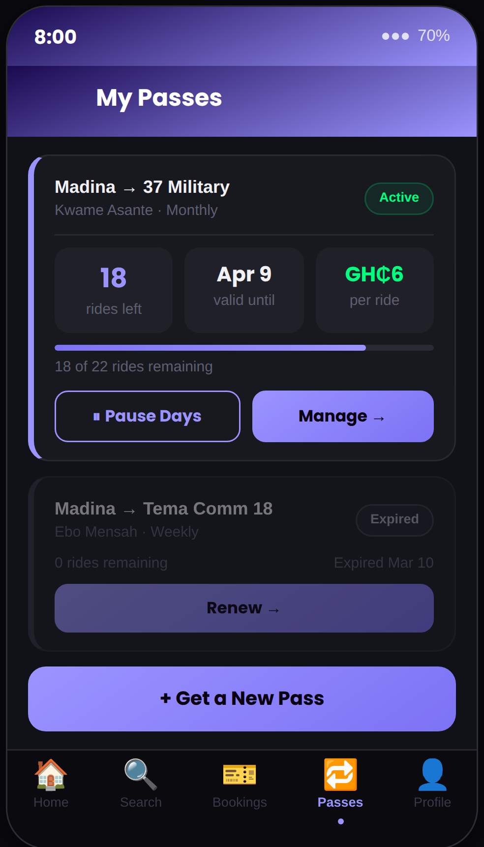 Rider app: My Passes and subscription management