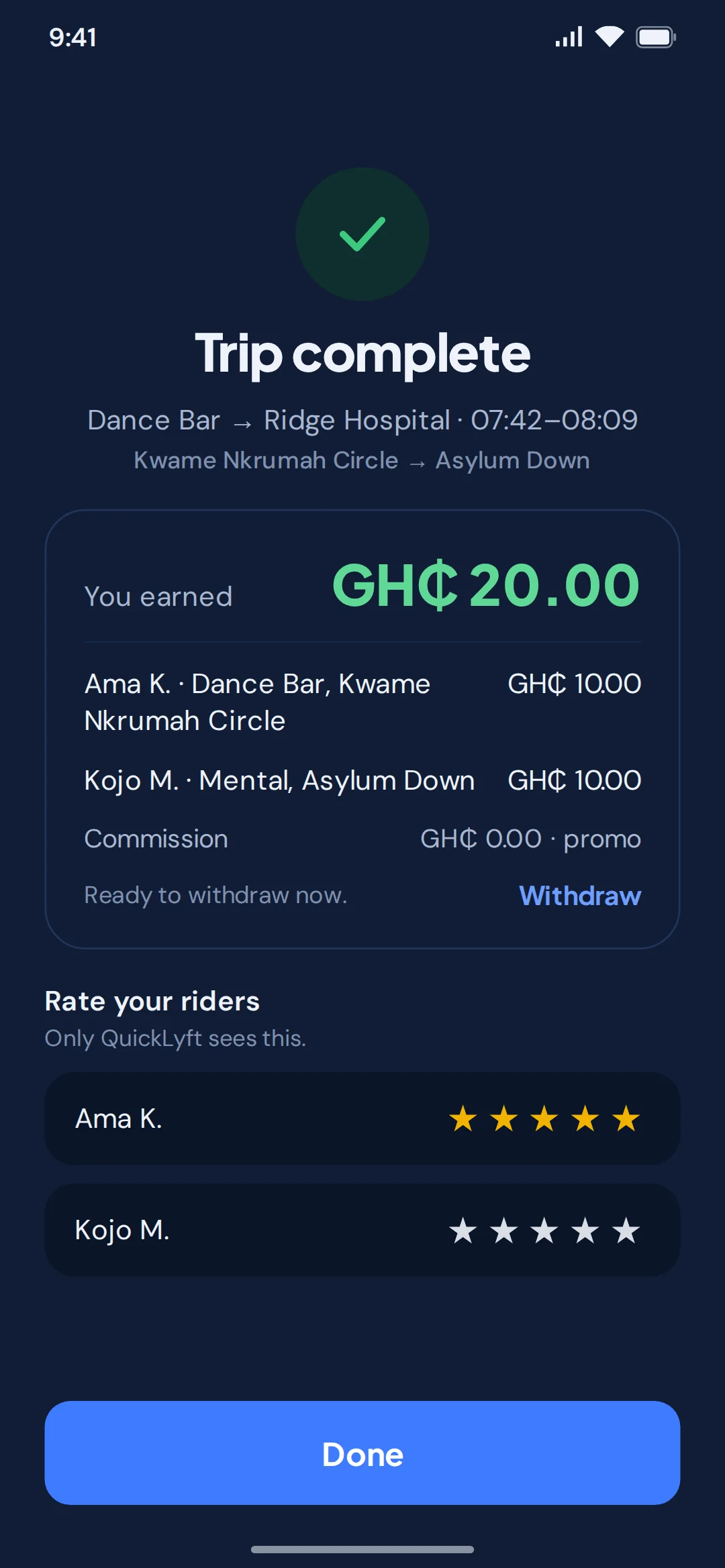 Driver app: trip complete, with what each rider paid and what you earned