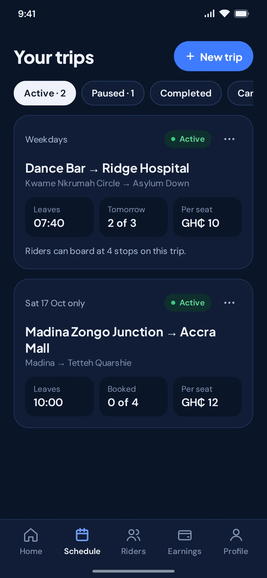 Driver app: your trips, with the departure time, seats booked and the fare per seat