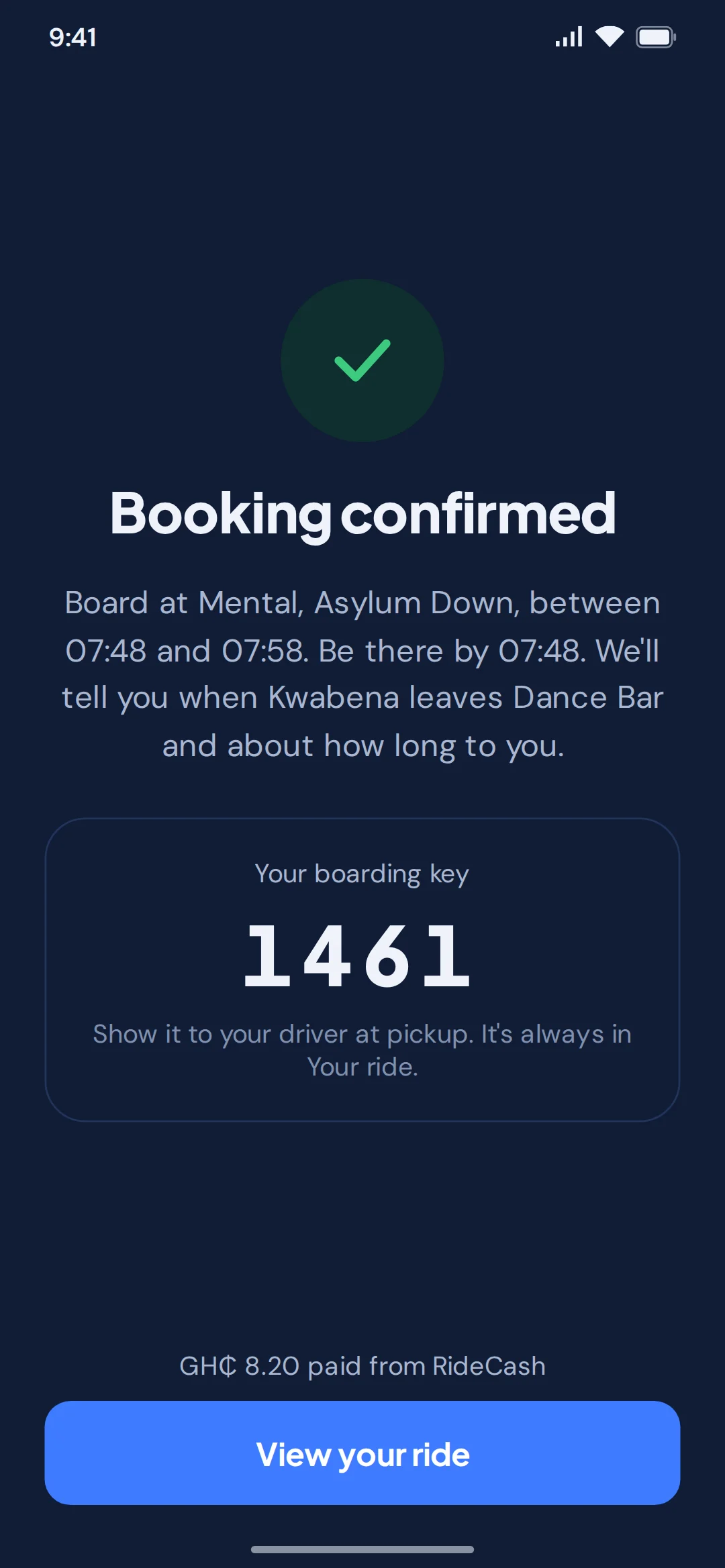 Rider app: booking confirmed, with the pickup window, boarding key and fare paid